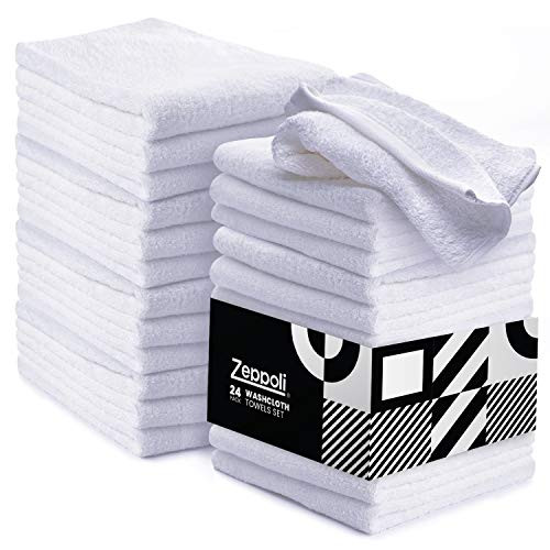 Zeppoli 24-Pack Washcloths - 100 percent Natural Cotton, 12 x 12 Inches, Commercial Grade Washcloth, Machine Washable Cleaning Rags and Wash Cloths for Bathroom