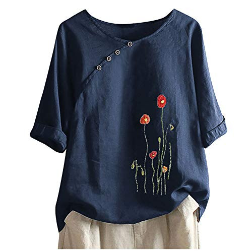 Women Summer Cotton Linen Tshirt Tops Casual Loose Fit Trendy Flowers Tunic Tee Short Sleeve Plus Size Button Blouse