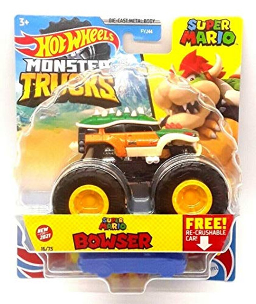 Hot Wheels Monster Trucks 2021 16/75 Super Mario Bowser with Re-Crushable Car