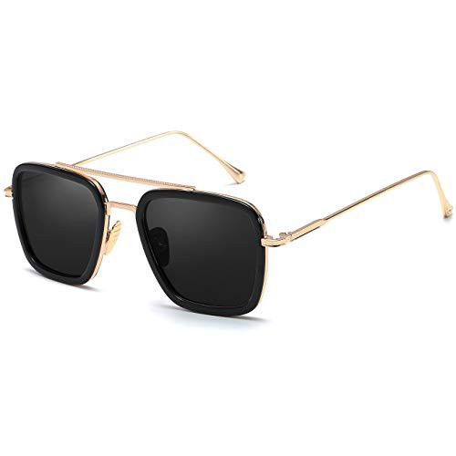 Oversized Retro Pilot Sunglasses Square Metal Frame for Men Women Sunglasses Classic Downey Tony Stark Gold Frame Grey Lens