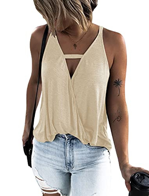 Hilltichu Women's Choker V-Neck Wrap Tank Tops Apricot Hilltichu Women's Choker V-Neck Wrap Tank Tops Apricot