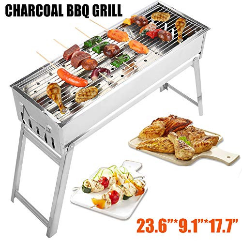 Portbale Charcoal BBQ Grill Stainless Steel Foldable Outdoor Barbecue Grill Barbecue Tool Kits for Outdoor Picnic Patio Backyard Camping Cooking (23.6''x9.1'')