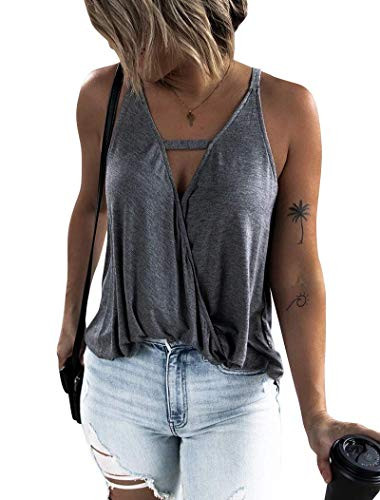 Hilltichu Women's Choker V-Neck Wrap Tank Tops -Charcoal,X-Large-