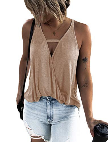 Hilltichu Women's Choker V-Neck Wrap Tank Tops -Brown,Medium-