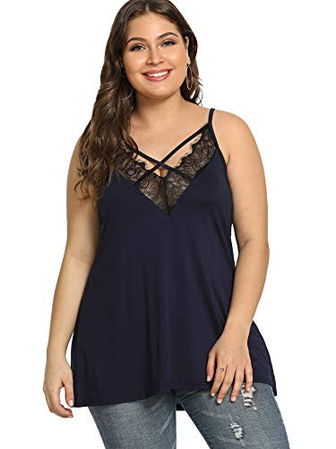 Romwe Women's Plus Size Contrast Lace Criss Cross V Neck Spaghetti Strap Cami Tank Top Navy 2X