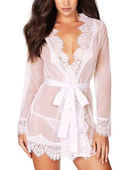RSLOVE Women Sexy Robe Lace Kimono Babydoll Bridal Lingerie Mesh Cover Up White XXL