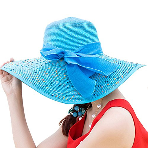Itopfox Womens Folable Floppy Hat Big Bowknot Straw Hat Wide Brim Beach 50 plus UPF Sun Hat, Sky Blue, One Size-22Inch-22.8Inch Circumference-