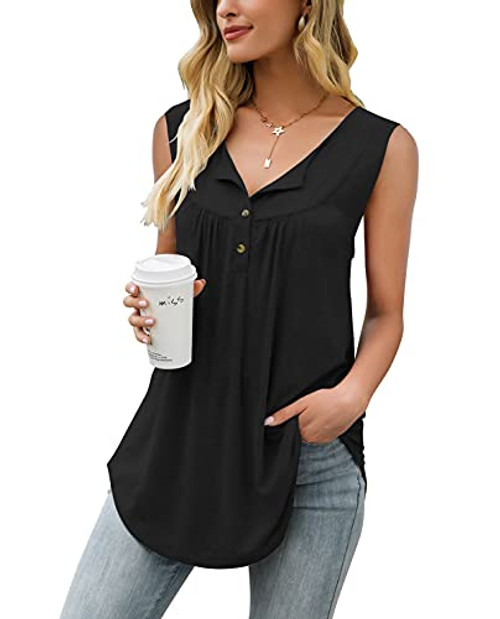 AMCLOS Womens Tops V Neck Tanks Summer T-Shirts Swing Flowy Tunic Ruffle Button up Casual Loose Blouses-Sleeveless-Black, L-