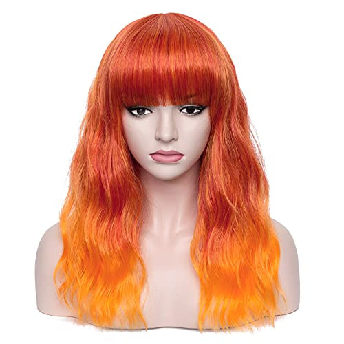 BERON Orange Ombre Wavy Wigs Women Middle Length Hair Wig with Bangs Curly Synthetic Wigs for Cosplay Party Daily Use Wigs with Wig Cap BERON Orange Ombre Wavy Wigs Women Middle Length Hair Wig with Bangs Curly Synthetic Wigs for Cosplay Party Daily Use Wigs with Wig Cap