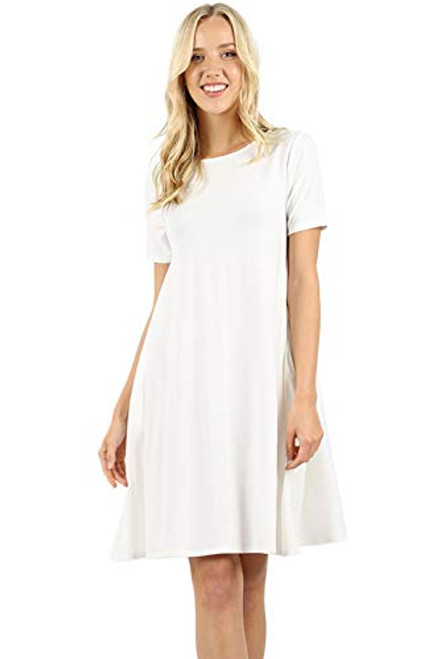 Womens Flare Swing Dresses Short Sleeve Casual T Shirt Loose Dress with Pockets - Ivory -Medium-