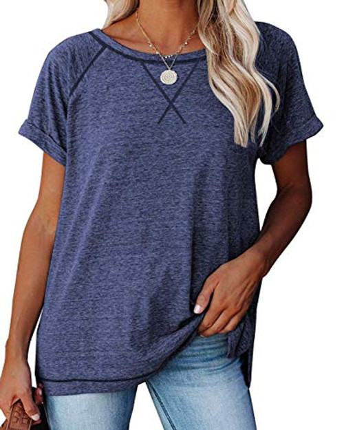 ANFTFH Womens Short Sleeve Casual Tunic Tops Crewneck Color Block Comfy T Shirts Blouses Blue M