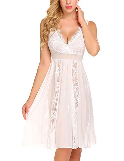 Avidlove Babydoll Lingerie for Women Sexy Long Nightgowns Sheer Bridal Nighty White, XXXL