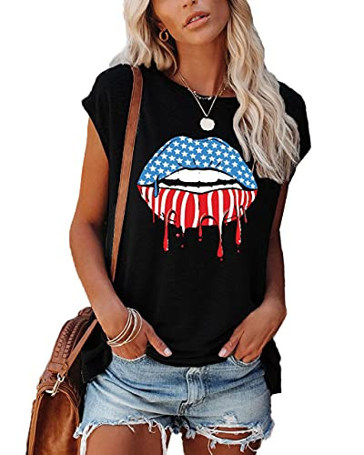 July 4th Womens Short Sleeve Summer American Flag Lip Tops Patriotic Casual Print T Shirt L