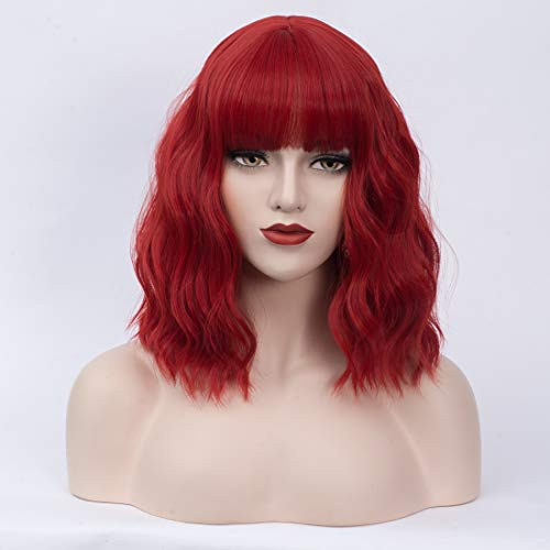 Cying Lin Short Bob Wavy Curly Wig Red Bangs Wig For Women Cosplay Halloween Wigs Heat Resistant Bob Party Wig -ZRed-