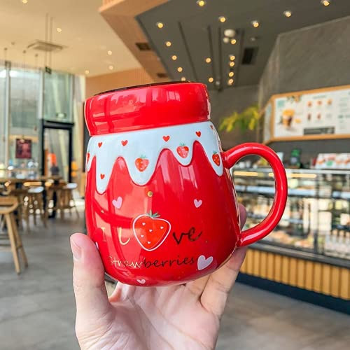 Tenbroman Ceramic Mugs Cartoon Strawberry Coffee Mug with Mirror Lid Cute Water Cup for Lovers Birthday Thanksgiving Day -Red-A-