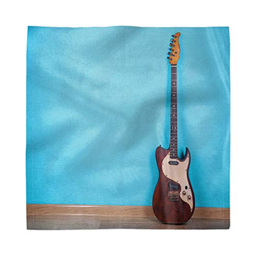 Ambesonne Guitar Decorative Satin Napkins Set of 4, Rock Band Retro Photo of Electric Musical Instrument with Strings, Square Printed Party  and  Dinner Napkin, 12" x 12", Aqua Umber