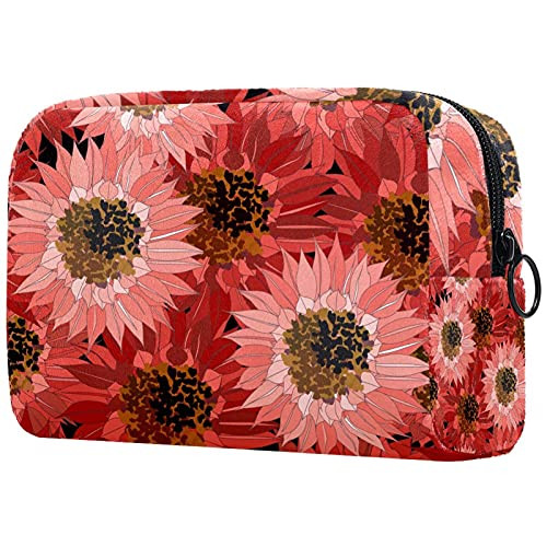 Travel Makeup Pouch Red Sunflowers Makeup Bag for Purse Mini Cosmetic Bag with Soft Handle for Women Girls 7.3x3x5.1in