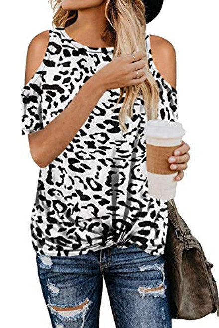 QACOHU Womens Cold Shoulder Tops Short Sleeve Knot Twist Front T-Shirt Tunics White XXL