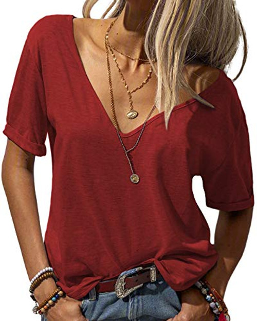 Danedvi Women Fashion Deep V-Neck Short Sleeve Tops Solid Casual Loose Basic T Shirt Red Danedvi Women Fashion Deep V-Neck Short Sleeve Tops Solid Casual Loose Basic T Shirt Red