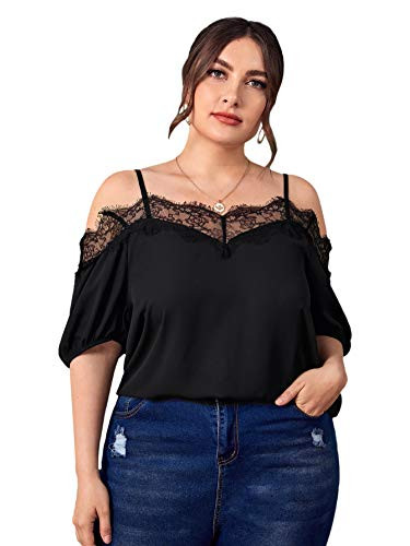 Romwe Women's Plus Size Cold Shoulder Short Sleeve Lace Trim Strap Blouse Tops Shirts Black 3XL