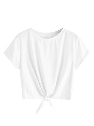 Romwe Women's Knot Front Cuffed Sleeve Striped Crop Top Tee T-Shirt White-Pure Large