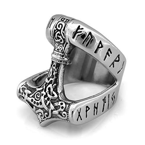 ENXICO Runic Thor's Hammer Mjolnir Ring 316L Stainless Steel Norse Scandinavian Viking Jewelry -8-