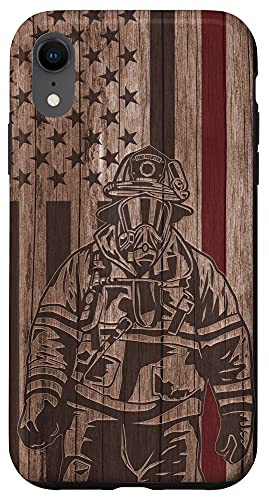 iPhone XR Wood Fireman American Flag Thin Red Line US Firefighter Gift Case