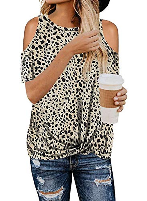 Donnalla Leopard Print Tops for Women Short Sleeve Cold Shoulder Shirts Twist Front Casual Summer Blouses Tees -Beige, X-Large- Donnalla Leopard Print Tops for Women Short Sleeve Cold Shoulder Shirts Twist Front Casual Summer Blouses Tees -Beige, X-Large-