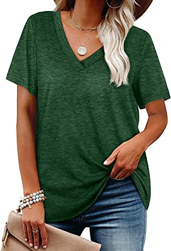Women's Short Sleeve V Neck T Shirts Loose Fit Soft Basic Tee Casual Tops Green
