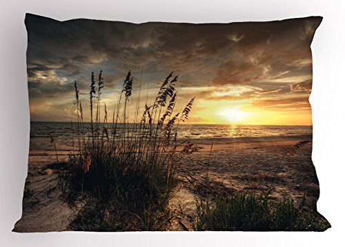 Lunarable Beach Pillow Sham, Calm Coastal Scene with Horizon in The Middle of Nowhere Cloudy Sunset Ocean Picture, Decorative Standard Queen Size Printed Pillowcase, 30" X 20", Tan Yellow