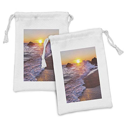 Lunarable Ocean Fabric Pouch Set of 2, Forceful Sea Waves Hits to Rocks on Sandy Beach and Bubbles at Sunset, Small Drawstring Bag for Toiletries Masks and Favors, 9" x 6", Brown Orange and White