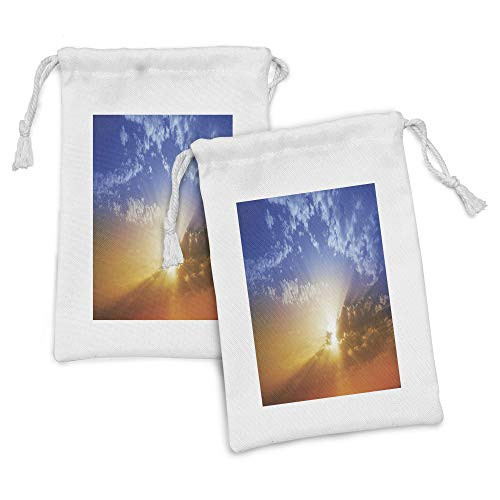 Lunarable Clouds Fabric Pouch Set of 2, Sunset Sky Through the Clouds Sunbeams Ombre Vibrant Sky Rays of Sun Photo, Small Drawstring Bag for Toiletries Masks and Favors, 9" x 6", Orange Blue
