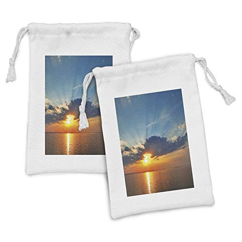 Lunarable Sea Sunset Fabric Pouch Set of 2, Dramatic Sky Sun Reflections on the Sea Coastal Paradise Landscape, Small Drawstring Bag for Toiletries Masks and Favors, 9" x 6", Dark Orange Petrol Blue