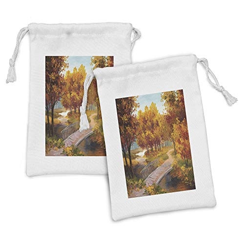 Lunarable Rustic Fabric Pouch Set of 2, Autumn Forest Leaves in Park Small River Wooden Rustic Bridge Image, Small Drawstring Bag for Toiletries Masks and Favors, 9" x 6", Pale Blue Orange