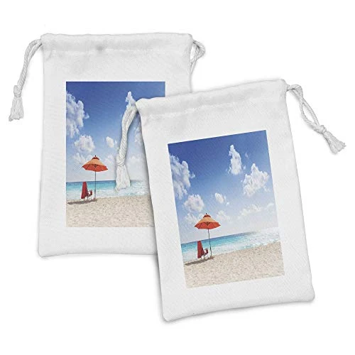 Lunarable Coastal Fabric Pouch Set of 2, Sea Panorama View Blue Sky White Clouds Paradise Shore Clear Water Picture, Small Drawstring Bag for Toiletries Masks and Favors, 9" x 6", Orange Ivory Blue