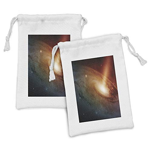 Lunarable Outer Space Fabric Pouch Set of 2, Spiral Galaxy System Deep Cosmic Space Stardust View from Telescope, Small Drawstring Bag for Toiletries Masks and Favors, 9" x 6", Dark Orange Yellow