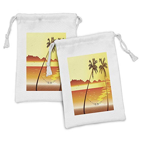 Lunarable Sunset Fabric Pouch Set of 2, Pattern of Seascape Illustration Palm Trees and Hammock Summer Time, Small Drawstring Bag for Toiletries Masks and Favors, 9" x 6", Yellow and Burnt Orange