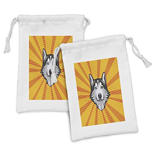 Lunarable Siberian Husky Fabric Pouch Set of 2, Bi-Eyed Dog Halftone Starburst Lines Pop Art, Small Drawstring Bag for Toiletries Masks and Favors, 9" x 6", Orange Earth Yellow
