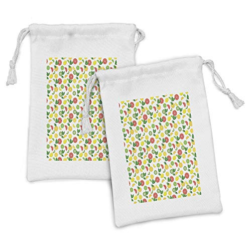 Lunarable Fruits Fabric Pouch Set of 2, Demonstration of Lemon Orange and Pomegranate Slices, Small Drawstring Bag for Toiletries Masks and Favors, 9" x 6", Multicolor