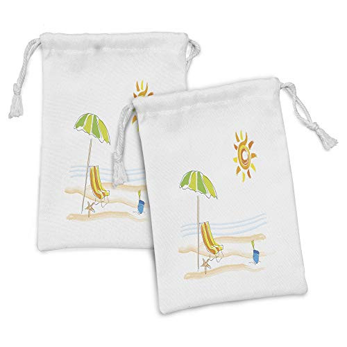 Lunarable Beach Fabric Pouch Set of 2, Doodle Style Hand Drawn Design of Sun Umbrella Seashell and Sand, Small Drawstring Bag for Toiletries Masks and Favors, 9" x 6", Orange Yellow