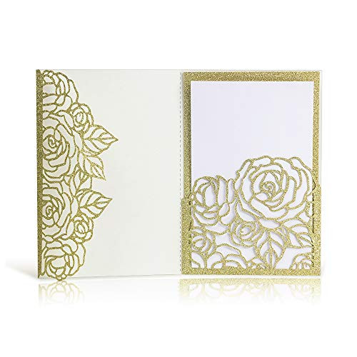 Laser Cut Wedding Invitations with Envelopes - 25pcs 3 Folds 4.7 * 7 inch Gold Glitter Rose Wedding Invitations Cards Kit with Printable Inner Sheet, Envelopes for Bridal Baby Shower Engagement Party