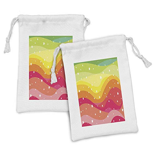 Lunarable Pink and Orange Fabric Pouch Set of 2, Abstract Rainbow Inspired Layout with Big Little Stars Illustration, Small Drawstring Bag for Toiletries Masks and Favors, 9" x 6", Multicolor