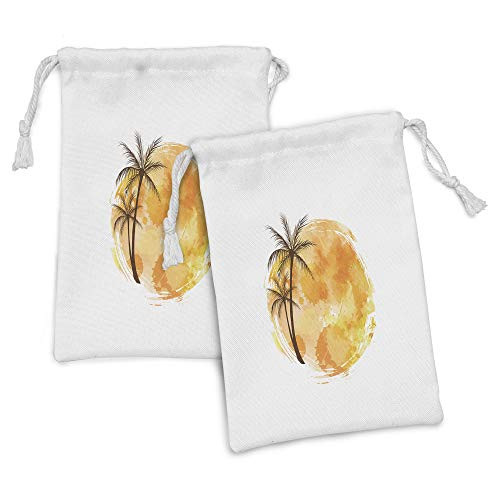 Lunarable Modern Orange Fabric Pouch Set of 2, Summer Themed Pattern of Palm Silhouettes Watercolor Sunset Round, Small Drawstring Bag for Toiletries Masks and Favors, 9" x 6", Brown White Marigold