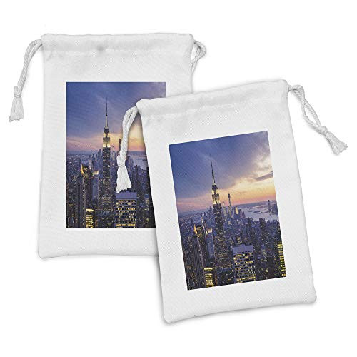 Lunarable Modern Fabric Pouch Set of 2, New York City Skyline with Skyscrapers at Sunset Night American Urban Life Image, Small Drawstring Bag for Toiletries Masks and Favors, 9" x 6", Blue Orange