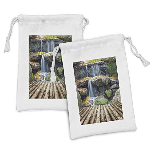 Lunarable Waterfall Fabric Pouch Set of 2, Box Like Waterfall Aside of a Wood Pier with Fall Leaves on Its Rocks Art, Small Drawstring Bag for Toiletries Masks and Favors, 9" x 6", Brown and Orange