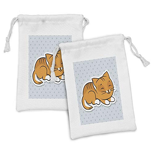 Lunarable Cat Fabric Pouch Set of 2, Sleeping Kitten on Polka Dots Background Theme Graphic, Small Drawstring Bag for Toiletries Masks and Favors, 9" x 6", Merigold Orange Blue