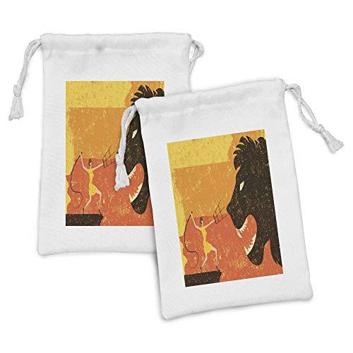 Lunarable Modern Fabric Pouch Set of 2, Artsitic Style Cartoon 20s Retro Drawing Like Circus Women and a Trained Big Lion Image, Small Drawstring Bag for Toiletries Masks and Favors, 9" x 6", Orange