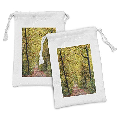 Lunarable Tree Fabric Pouch Set of 2, Nature Theme Autumn Forest a Pathway with Fallen Leaves Digital Art Print, Small Drawstring Bag for Toiletries Masks and Favors, 9" x 6", Avocado Green Orange