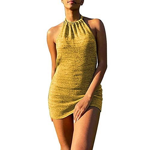 AZHONG Women's Sexy Halter Neck Sleeveless Bodycon Backless Ruched Short Mini Club Dress Yellow AZHONG Women's Sexy Halter Neck Sleeveless Bodycon Backless Ruched Short Mini Club Dress Yellow