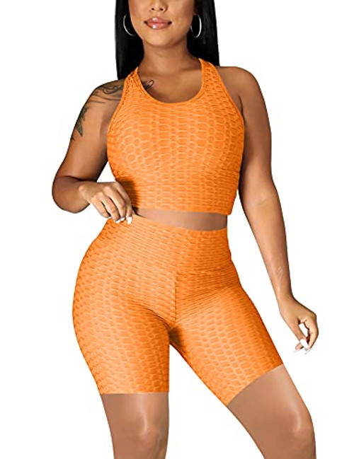 Women's 2 Piece Workout Outfits Tracksuit GYM Sexy Crop Tank Top Biker Shorts Set, Medium, Orange Women's 2 Piece Workout Outfits Tracksuit GYM Sexy Crop Tank Top Biker Shorts Set, Medium, Orange